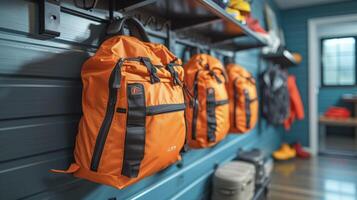 A closeup shot of a mudroom organization system with a designated spot for sports equipment including hooks for hanging bags and racks for storing sports gear ensuring a photo