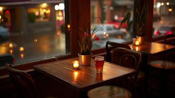 un pequeño mesa en el esquina es adornado con un parpadeando vela habitación central creando un romántico ajuste para parejas a disfrutar su bebidas 2d plano dibujos animados foto