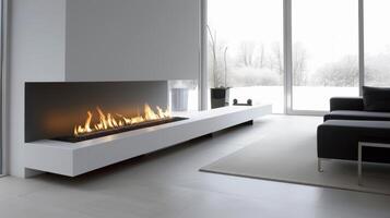 A minimalist fireplace design featuring a sleek white base and interchangeable modules for added customization. 2d flat cartoon photo