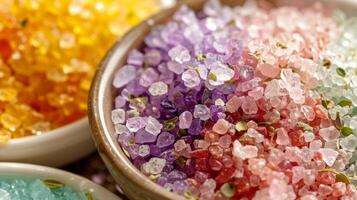 A bowl of colorful bath salts each with their own unique blend of minerals and herbs for a soothing soak photo