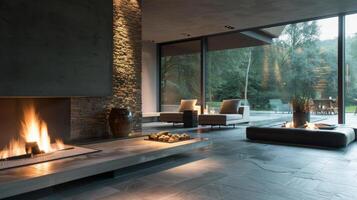 A large monolithic fireplace made of stone and concrete dominates one wall of an otherwise minimalistic room its earthy tones and simple design adding texture and warmth 2d flat cartoon photo