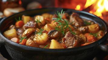 A hearty and satisfying stew of flavorful lamb creamy potatoes and colorful vegetables simmering by the warm glow of a traditional fireplace photo