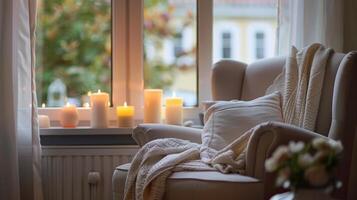 un grande atractivo ventana es situado detrás el Sillón con velas pags en el antepecho para adicional iluminación. 2d plano dibujos animados foto