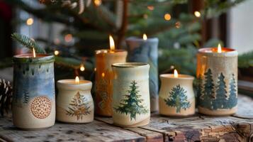 A set of custom pottery candle holders each one featuring a different family members name for a beautiful holiday gift. photo