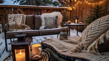 A cozy outdoor setting with blankets and hot cocoa available for guests to warm up with. 2d flat cartoon photo