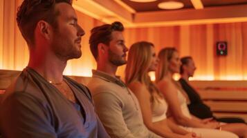 An infrared sauna therapy workshop with multiple professionals sitting inside saunas as they learn about the health benefits and safety protocols. photo