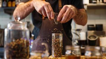 A man explains his reasoning behind blending bold black teas with floral chamomile for a unique flavor profile photo