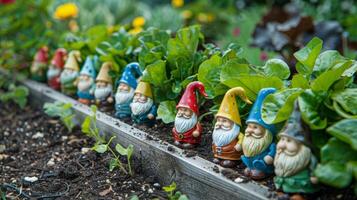 A garden bed lined with ceramic markers in the shape of tiny garden gnomes adding a playful and whimsical element to a flower or vegetable garden. photo