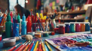 A variety of crafting materials including paints markers and yarn are spread out on a large communal table for everyone to use photo