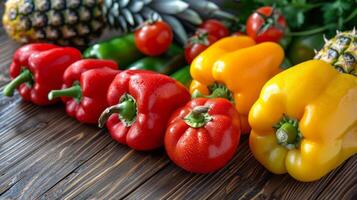 Vibrant fruits and vegetables including bright red bell peppers and vibrant yellow pineapples are laid out on a wooden table for use in the cooking demonstration photo