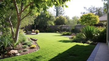 A beautifully landscaped backyard with strategically p trees providing shade and reducing energy costs by blocking the intense summer sun photo