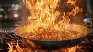 como el fuego debajo el freidora se intensifica un lote de perfectamente frito cebolla pajitas son servido agregando un ardiente patada a ninguna comida foto