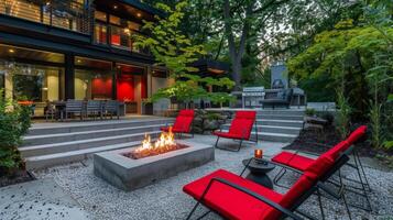 Vibrant red chairs and a matching fire pit add a pop of color to this otherwise neutral outdoor living space. 2d flat cartoon photo