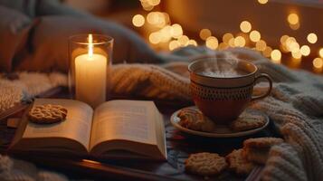 un de cerca Disparo de un alumbrado por velas bandeja con un libro apoyado abierto un jarra de humeante té y un plato de hecho en casa galletas foto