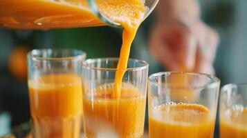 A glass pitcher filled with a vibrant orange smoothie being poured into individual cups photo