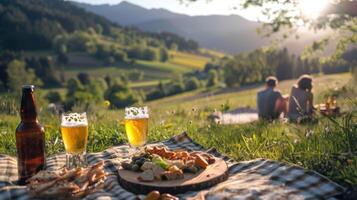 un pacífico escénico ver de un alemán campo con un picnic cobija untado fuera y un Pareja disfrutando no alcohólico cerveza y delicioso meriendas foto