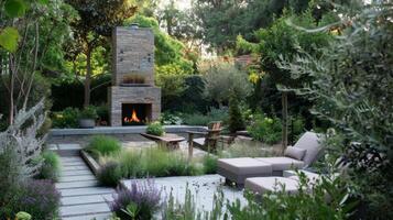 A crackling fireplace takes center stage in this modern garden adding a cozy element to the outdoor space. 2d flat cartoon photo