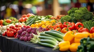 un vistoso formación de Fresco frutas y vegetales a un local agricultores mercado exhibiendo el abundancia de nutritivo opciones disponible para personas mayores a mantener su bienestar foto