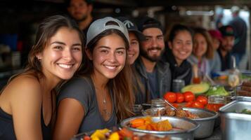 The group is all smiles as they sit down to enjoy the meal they prepared together during the cooking workshop proud of their accomplishments photo