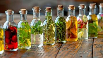 A lineup of assorted mini glass bottles each containing a unique organic oil infused with different herbs and fruits photo