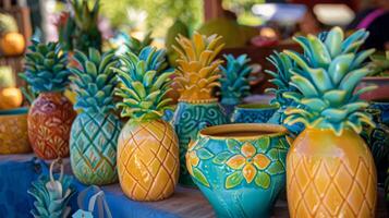 A vendor selling handpainted pineappleshaped planters and pineapplethemed home decor at the local Pineapple Day street fair photo