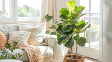 A tall leafy fiddle leaf fig plant sitting in a woven basket effortlessly bringing the outdoors inside and adding a tropical touch to a living room photo