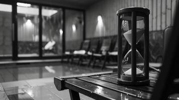 image 5 A black and white photo of a sauna with an oldfashioned hourglass timer on a nearby table.