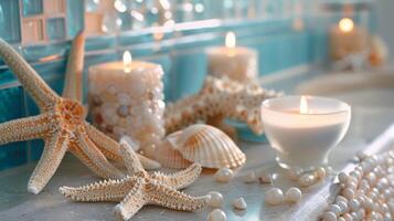 en un baño adornado con conchas marinas estrella de mar y otro temática náutica decoración el parpadeando de velas agrega a el playa ambiente el suave ligero y olor de Oceano 2d plano dibujos animados foto