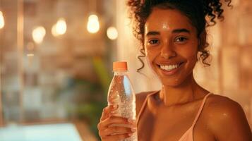 A happy customer holding a bottle of water after an infrared sauna session promoting the importance of staying hydrated for skin health. photo