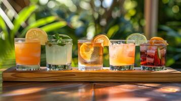 A mocktail flight featuring a variety of flavors and styles allowing guests to compare and contrast their favorites photo