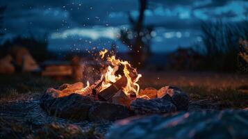 el chicharrón fuego en el fuego pozo proporciona el Perfecto ambiente para un romántico noche con un ver de el estrellado cielo arriba. 2d plano dibujos animados foto