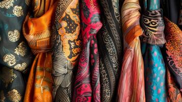 A gallery of silk scarves artfully arranged displaying a stunning diversity of prints and shades photo