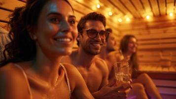 un grupo de amigos reunido en un acogedor privado sauna a su frente a la playa hotel bebiendo en refrescante bebidas y disfrutando el teutico calor después un día de explorador el ciudad. foto