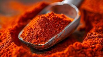 A scoop of vibrant fiery red chili powder perfect for adding a kick to your savory baked creations photo