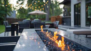 A modern fire pit is the statement piece in this sleek outdoor dining space. 2d flat cartoon photo