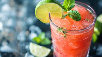 A refreshing agua fresca made with watermelon lime and mint served in a tall glass with a slice of lime on the rim photo