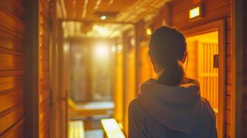 un persona caminando fuera de un sauna con un perceptible mejora en su respiración un testamento a el positivo impacto de regular infrarrojo sauna sesiones para respiratorio salud. foto