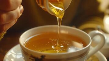 The man adds a splash of honey to his tea watching as it slowly dissolves and adds a touch of sweetness photo