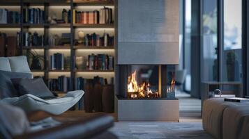 The sleek fireplace is complemented by a builtin bookshelf creating a cozy reading nook in the corner of the sleek and stylish apartment. 2d flat cartoon photo