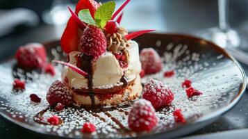 un elegante plato de deconstruido postre exhibiendo capas de texturas y sabores ese exigir complejo tecnicas a exe foto