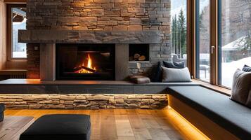 A blend of modern and rustic elements come together in this fireplace with its smooth stone exterior and builtin wooden seating. 2d flat cartoon photo