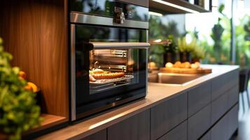 paso dentro esta funcional y elegante cocina equipado con un apertura lateral horno y fácilmente accesible extraer estantería Perfecto para personas mayores quien disfrutar gasto hora en el cocina foto