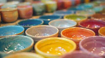 un fila de de colores brillantes porcelana esmaltes cada uno Listo a ser cuidadosamente cepillado sobre un hecho a mano pedazo de cerámica. foto