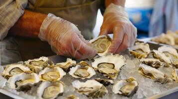 The host displays a variety of freshly shucked oysters explaining the process and offering tips on how to properly enjoy them photo