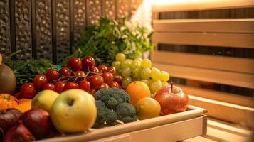 A tray of fresh fruits and vegetables p in the sauna to enjoy while detoxifying and recharging the body after a long day of coping with chronic fatigue syndrome. photo