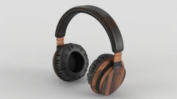 Blank mockup of retroinspired wireless headphones with a woodgrain finish and leather accents. photo