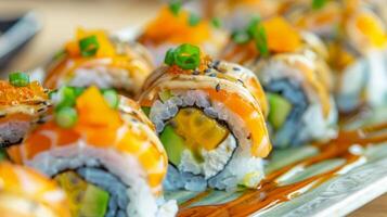 These creative rolls feature a burst of tropical flavors with mango papaya and passion fruit rolled up with marinated salmon photo