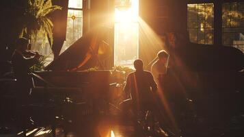 el luz de sol transmisión en mediante el ventanas fundición un calentar y nostálgico resplandor en el conjunto como ellos Seguir a crear y compartir su amor para jazz foto