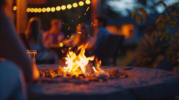 el calentar resplandor de el fuego pozo ilumina un grupo de amigos disfrutando un noche juntos. 2d plano dibujos animados foto