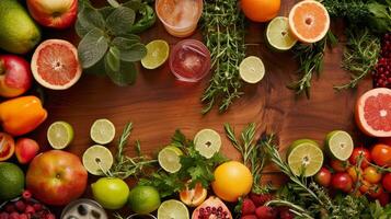 A table adorned with fresh fruits and herbs ready to be used in the creation of delicious mocktails photo